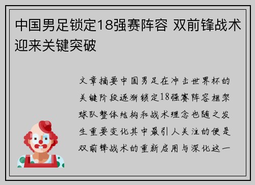 中国男足锁定18强赛阵容 双前锋战术迎来关键突破 中国男足锁定18强赛阵容 双前锋战术迎来关键突破